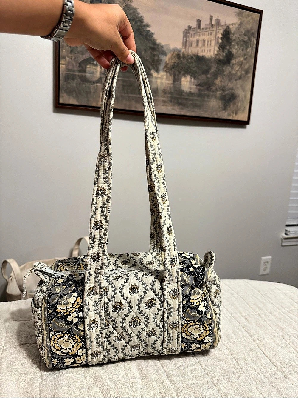 MaggiB Floral Quilted  bag in Cream & gray